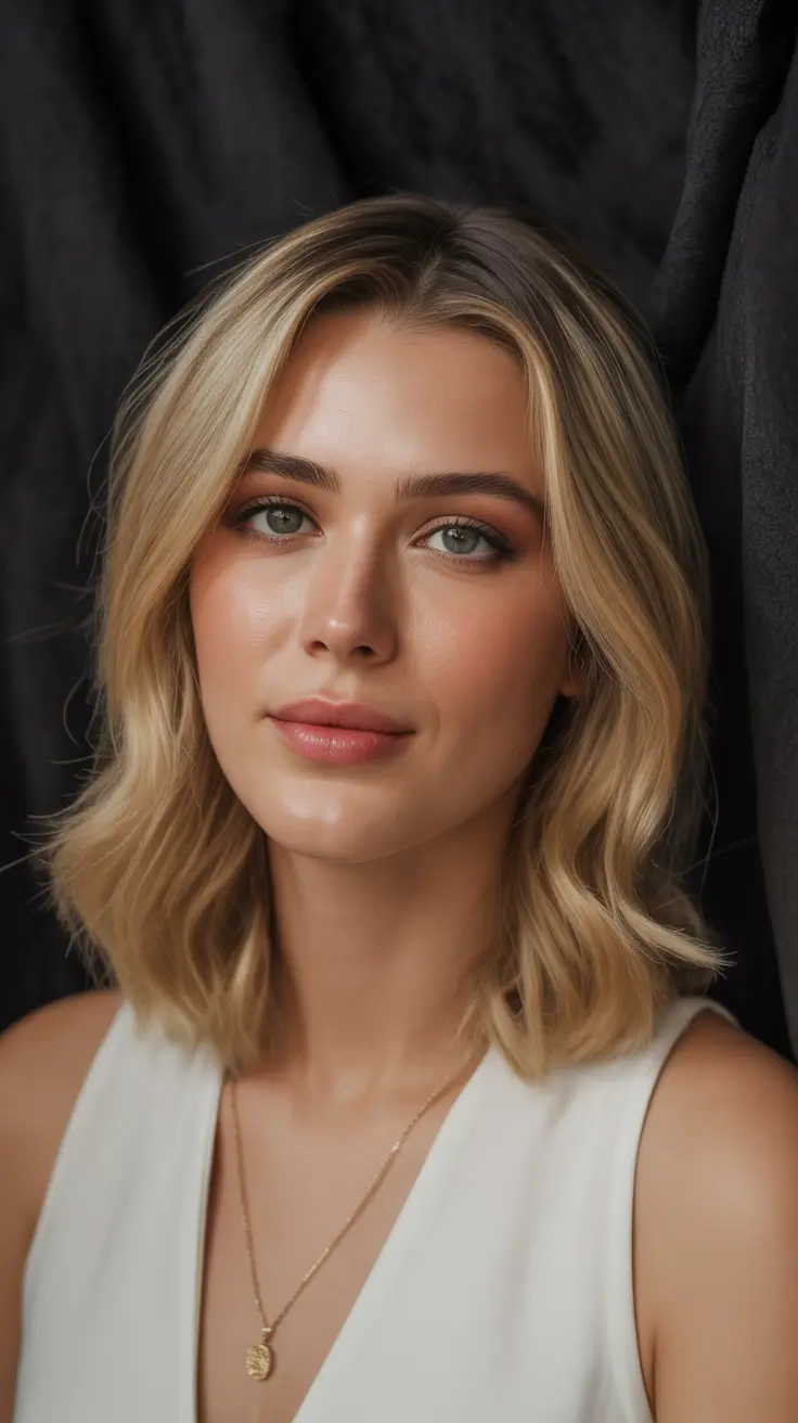 Hairstyles for medium length hair 2026 - Soft Golden Blonde Waves with a Natural Glow