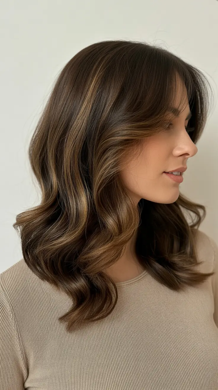 Hairstyles for medium length hair 2026 - Chocolate Waves with Light-Diffusing Highlights