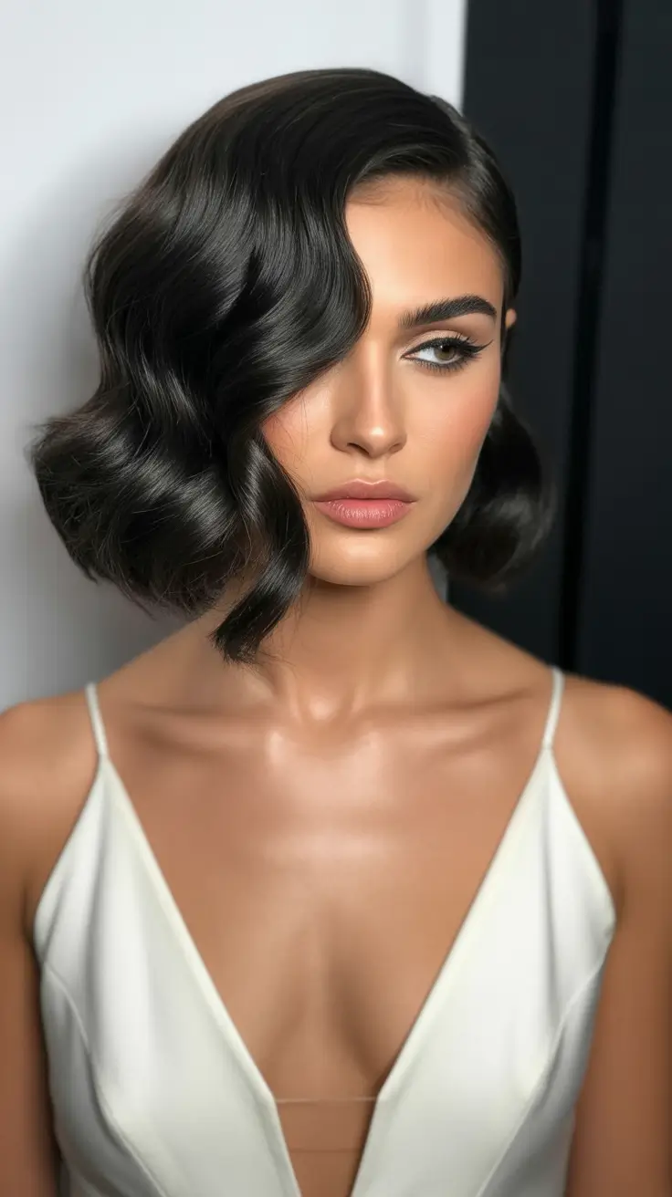 Hairstyles for medium length hair 2026 - Sculpted Glam Waves with a Bold Side Sweep