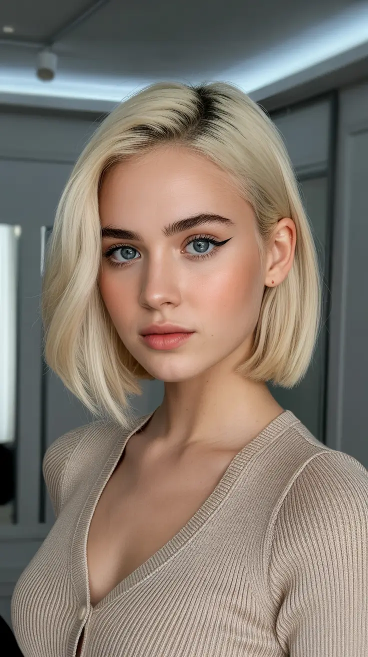 Hairstyles for medium length hair 2026 - Sleek Icy Blonde Bob with Clean Edges