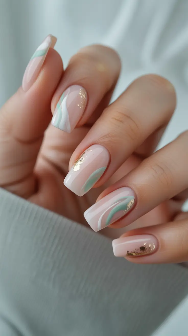 nail inspo 2026 Soft Mint Waves With Gold Touches