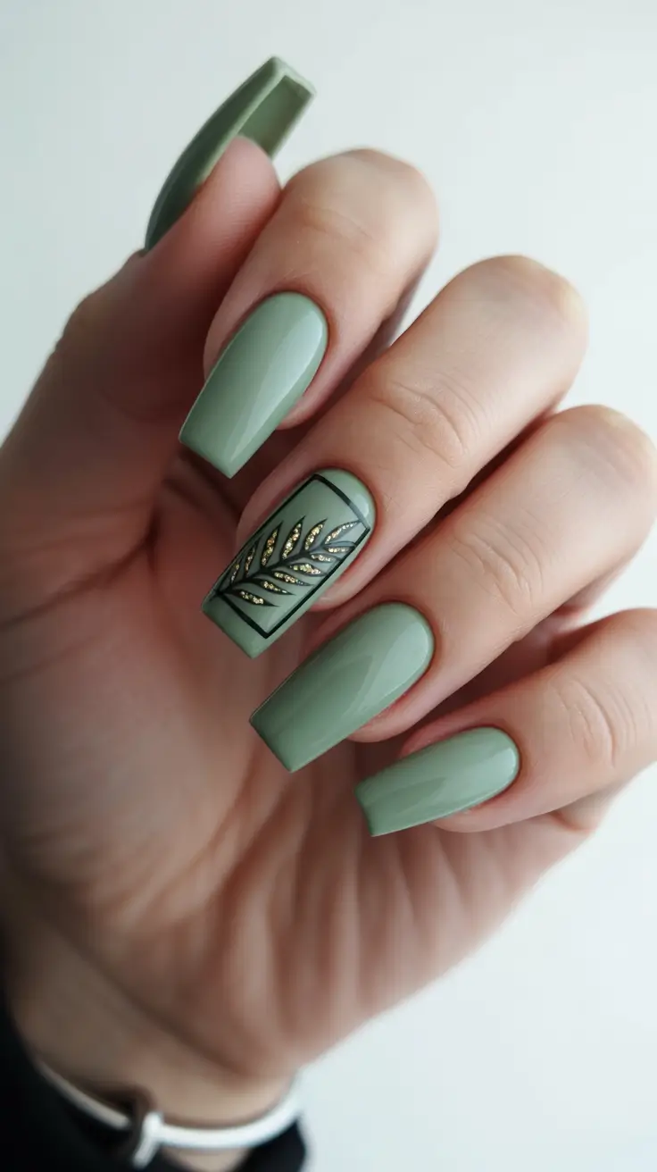 nail inspo 2026 Sage Green With Gold Leaf Framing