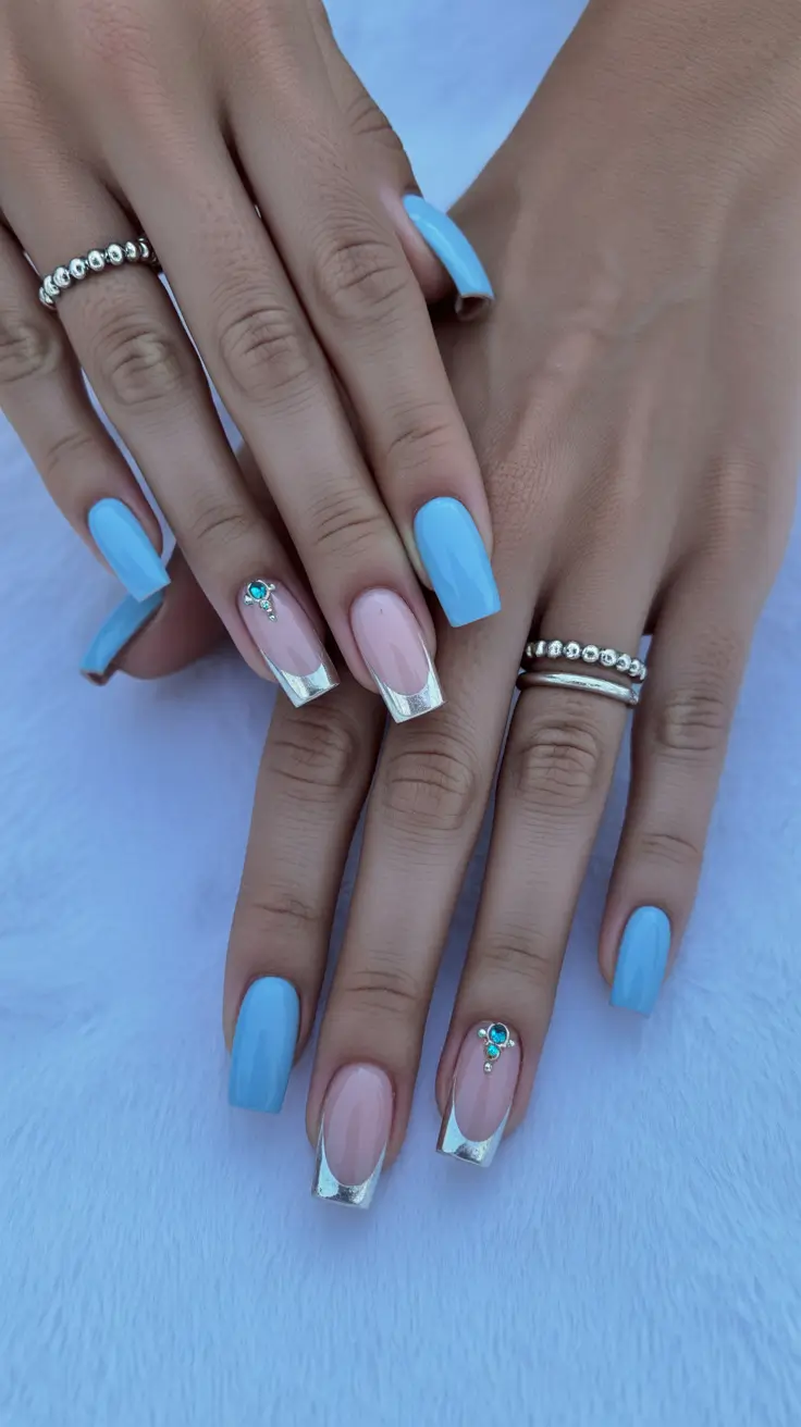 nail inspo 2026 Sky Blue Elegance With Silver French Tips