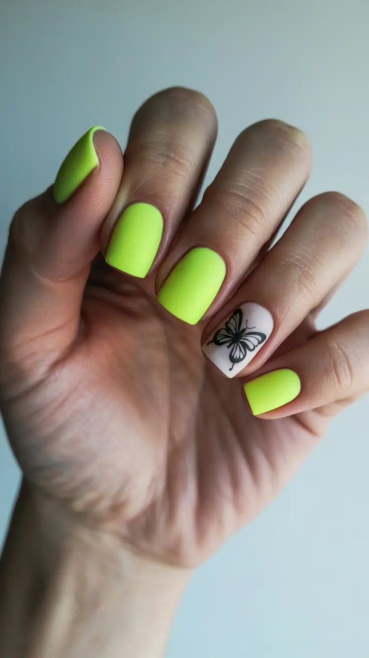 nail inspo 2026 Neon Lemon Matte With a Butterfly Accent