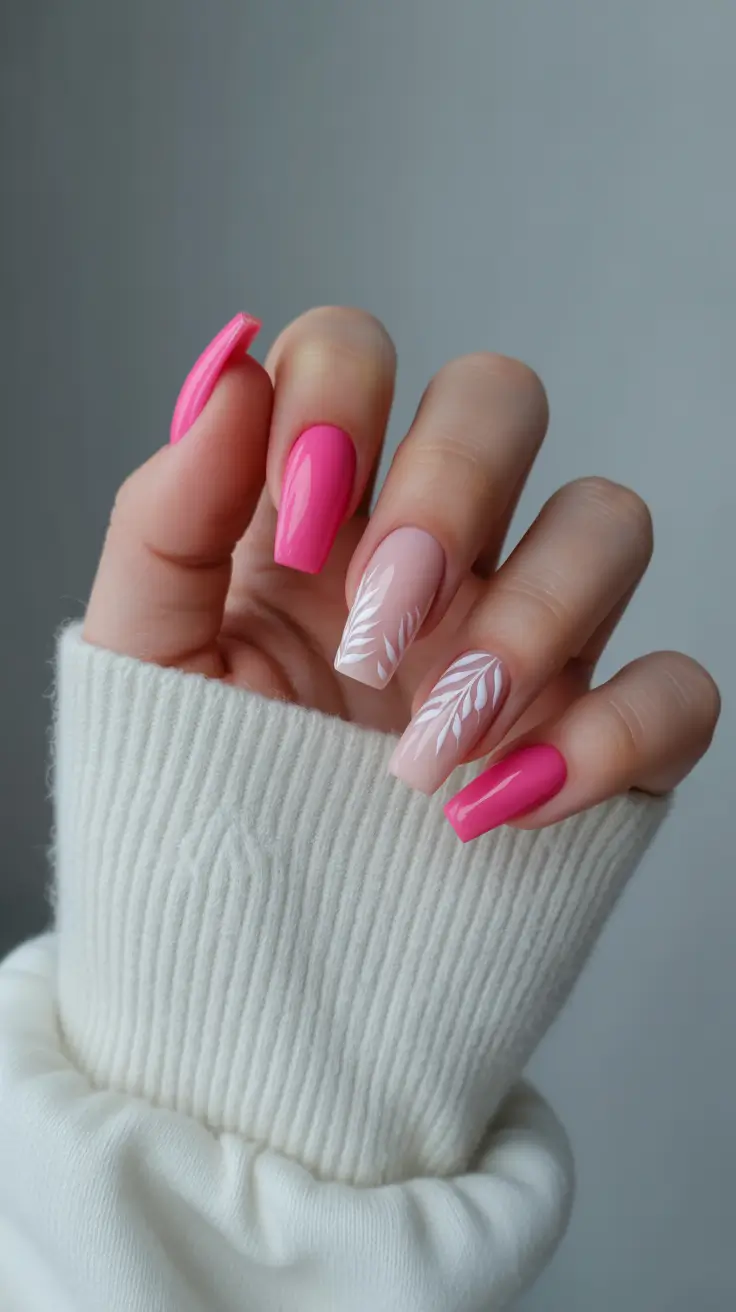 nail inspo 2026 Pink Glow With Soft Leaf Detailing
