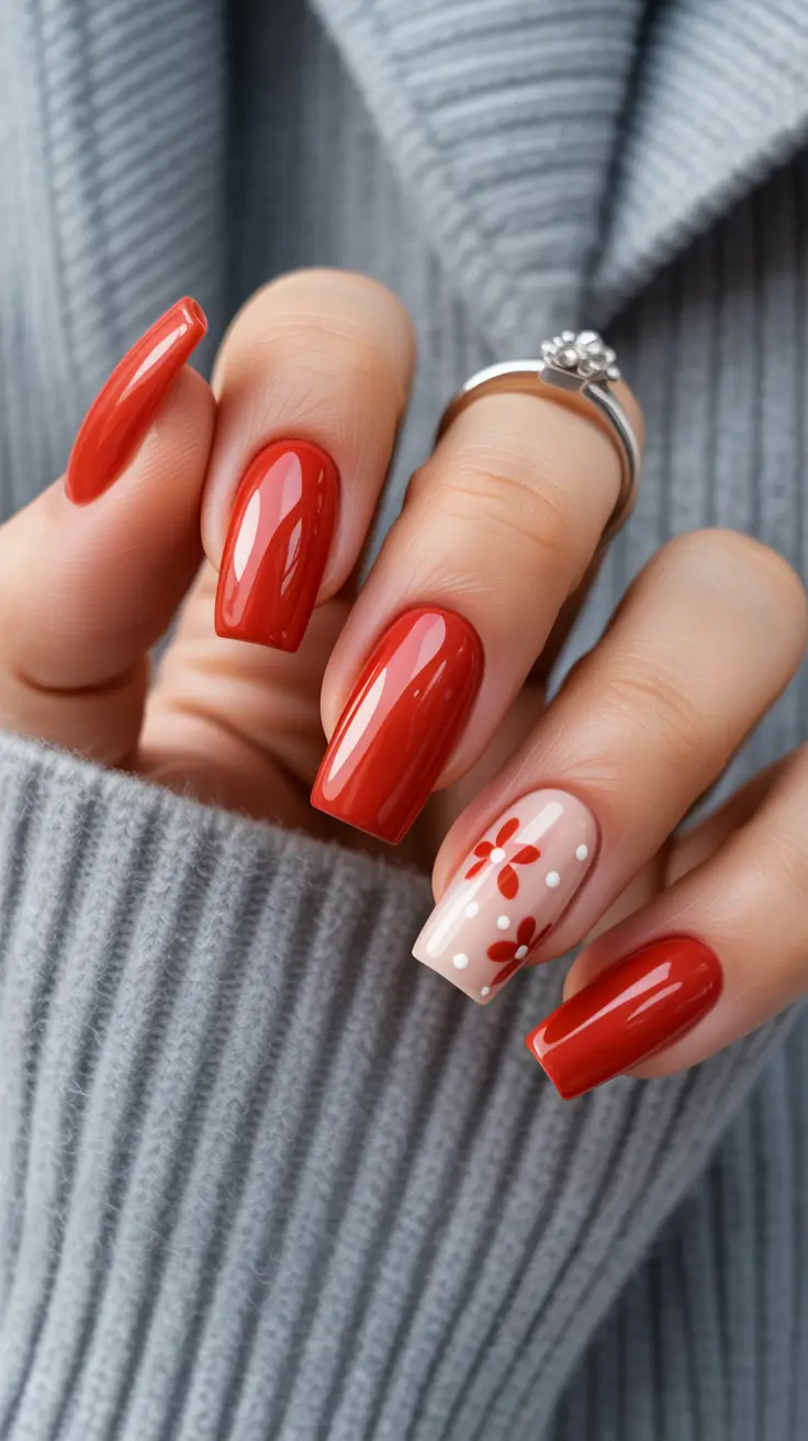 nail inspo 2026 Warm Red With Retro Floral Accents