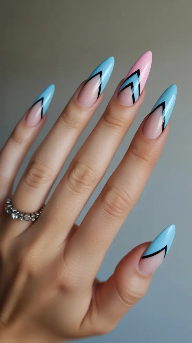 nail inspo 2026 Blue Pink Graphic Chevrons