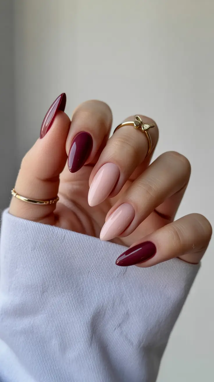 nail inspo 2026 Deep Cherry and Soft Nude Almonds