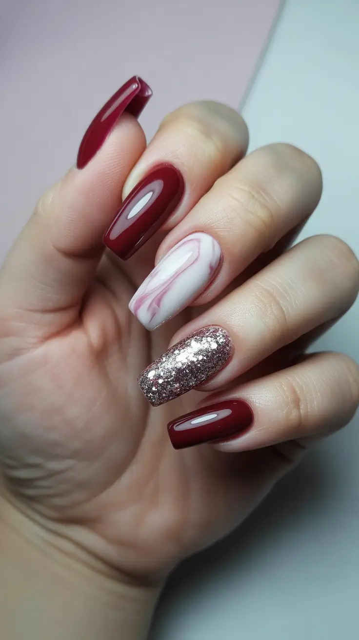 nail inspo 2026 Wine Velvet With Rose Quartz and Glitter