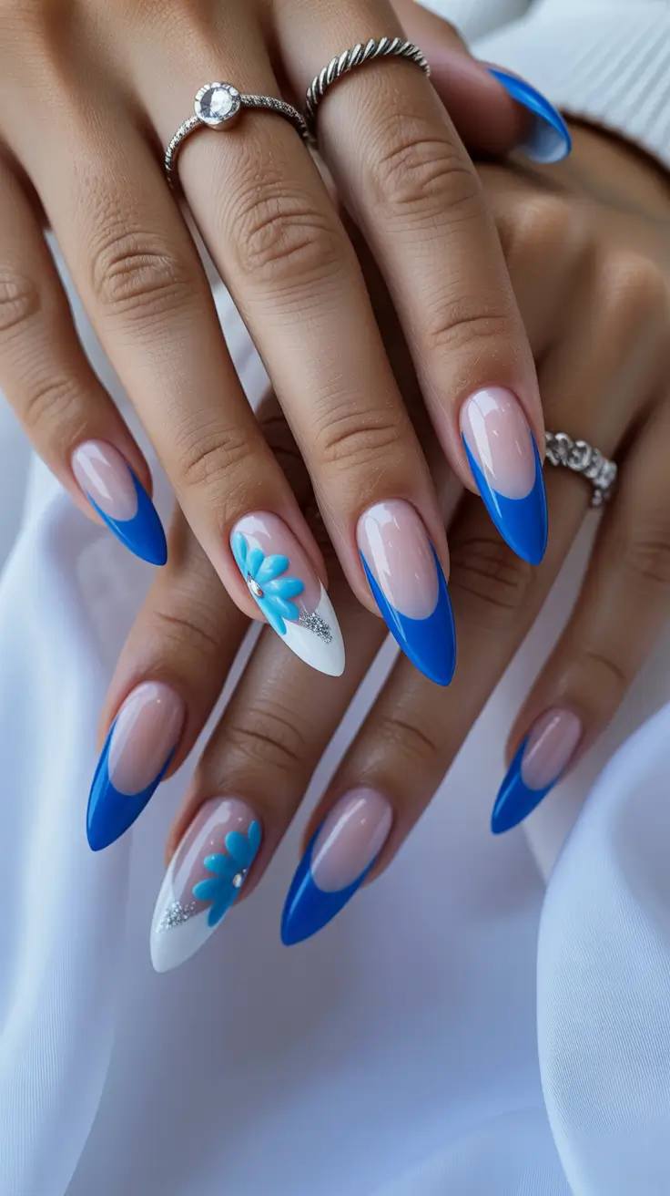 nail inspo 2026 Bright Blue Florals With Sharp Tips