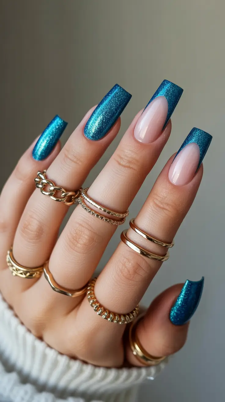 nail inspo 2026 Teal Shimmer on Sleek Square Tips