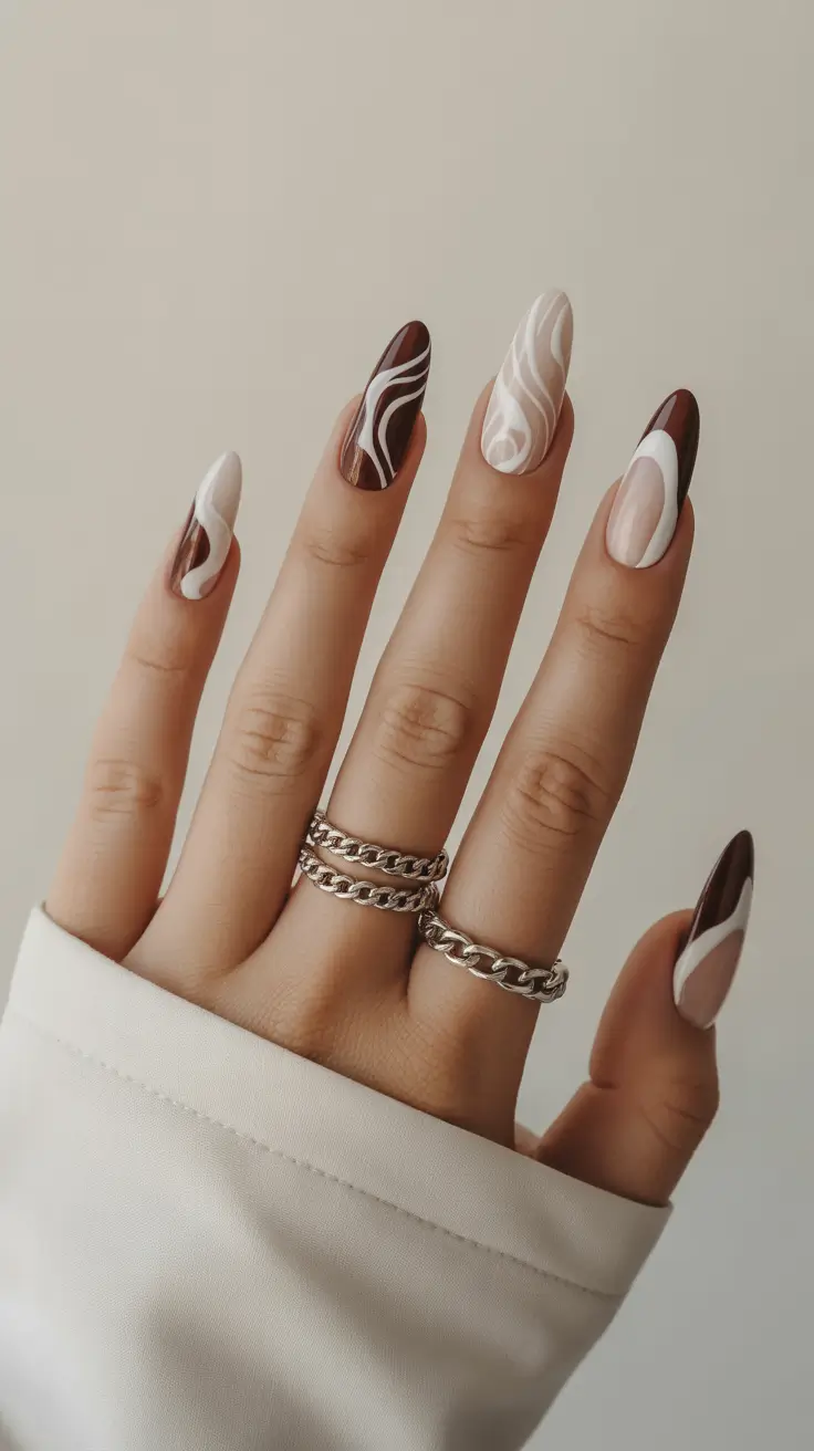 neutral nails for work 2026 Mocha Swirls Modern Art