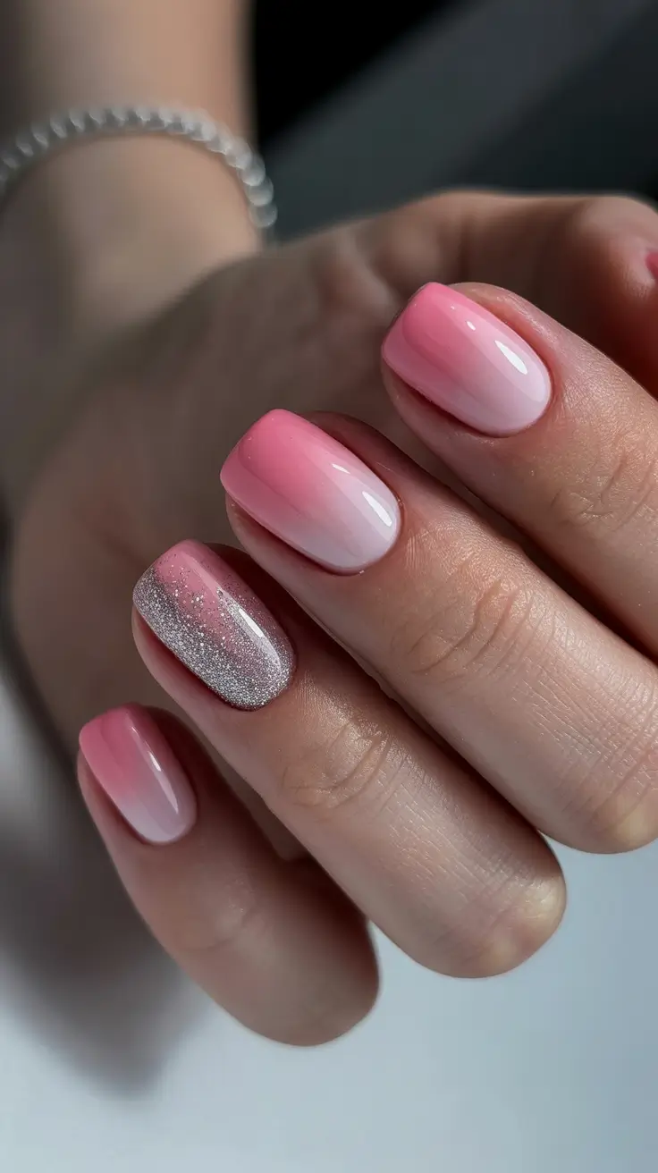 neutral nails for work 2026 Pink Ombre Sparkle