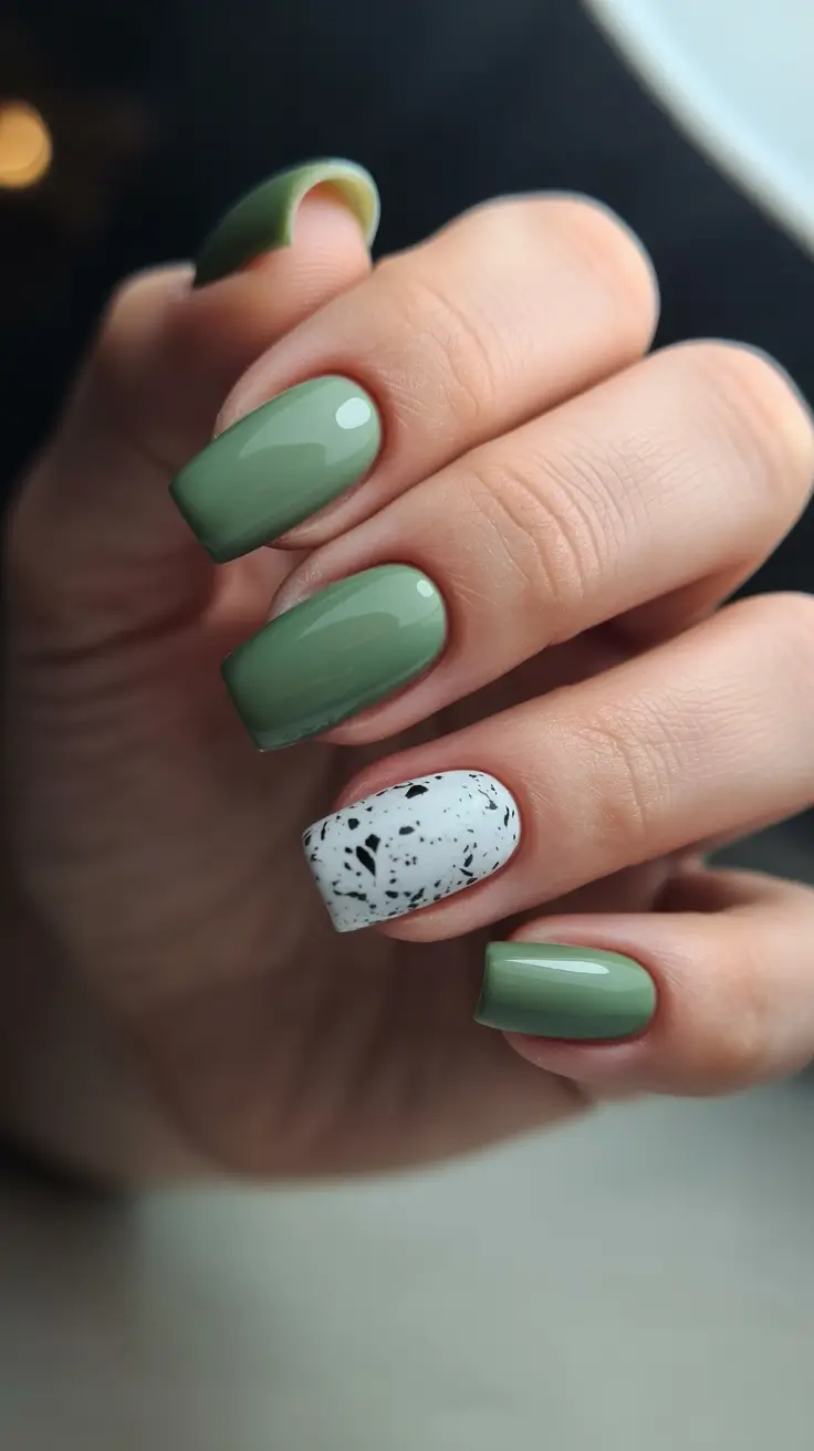 neutral nails for work 2026 Speckled Minimalism With a Soft Green Twist