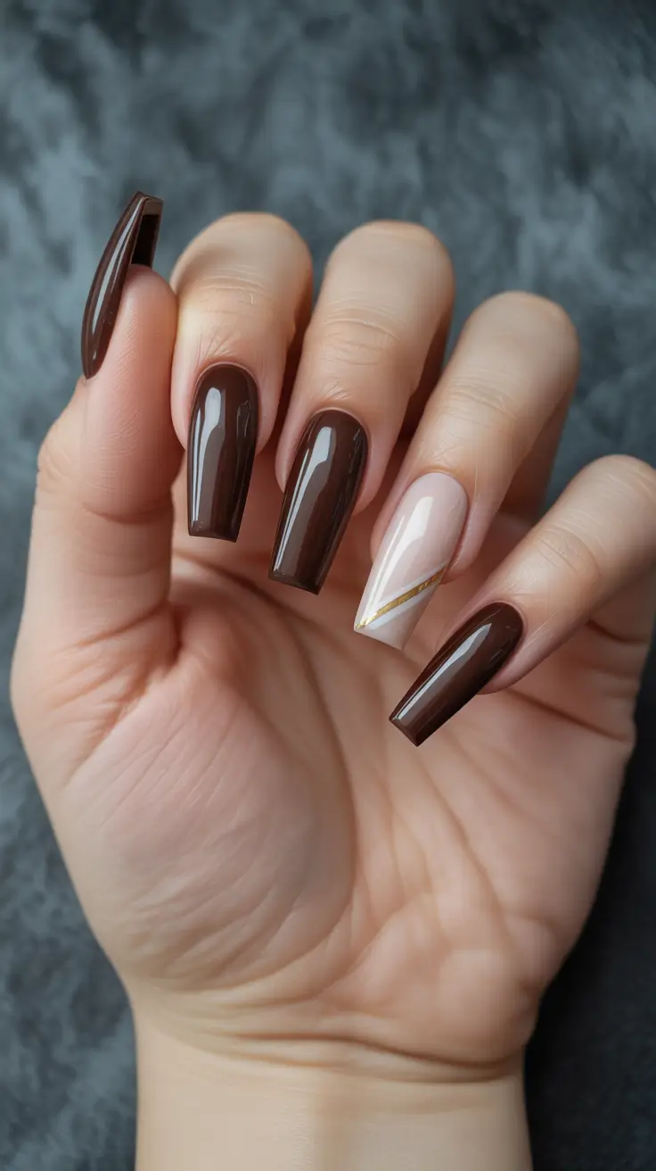 new coffin nails 2026 Chocolate Gloss With Minimalist Accent for Warm Neutral Elegance