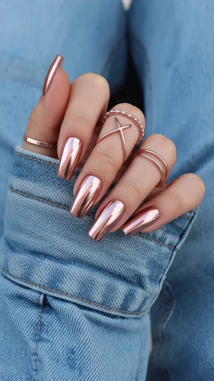 new coffin nails 2026 Rose-Gold Mirror Shine for Luxe Everyday Glow