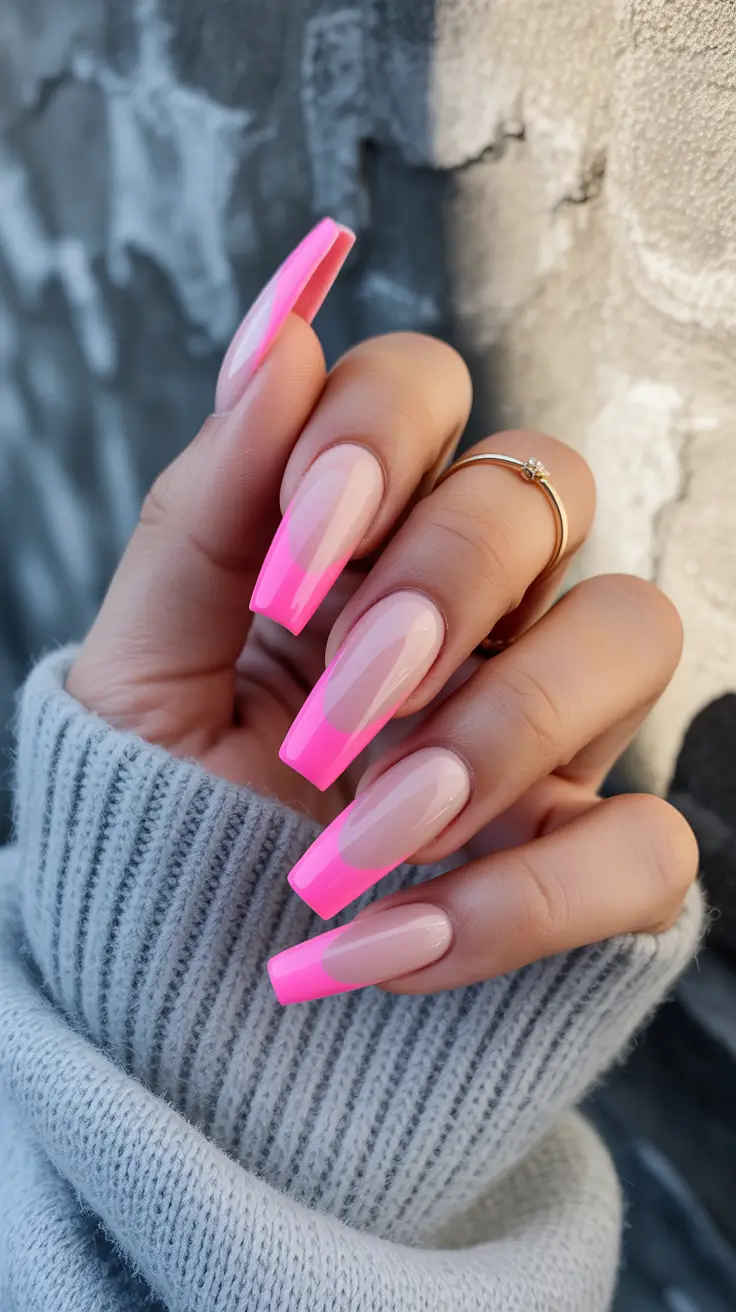 new coffin nails 2026 Pink Neon French Edge for Playful Summer Brightness