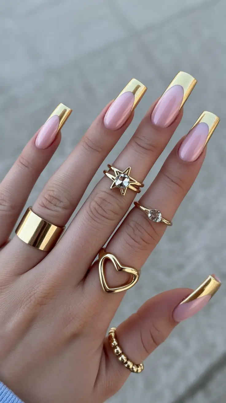 new coffin nails 2026 Metallic Gold French for Luxe Statement Moments