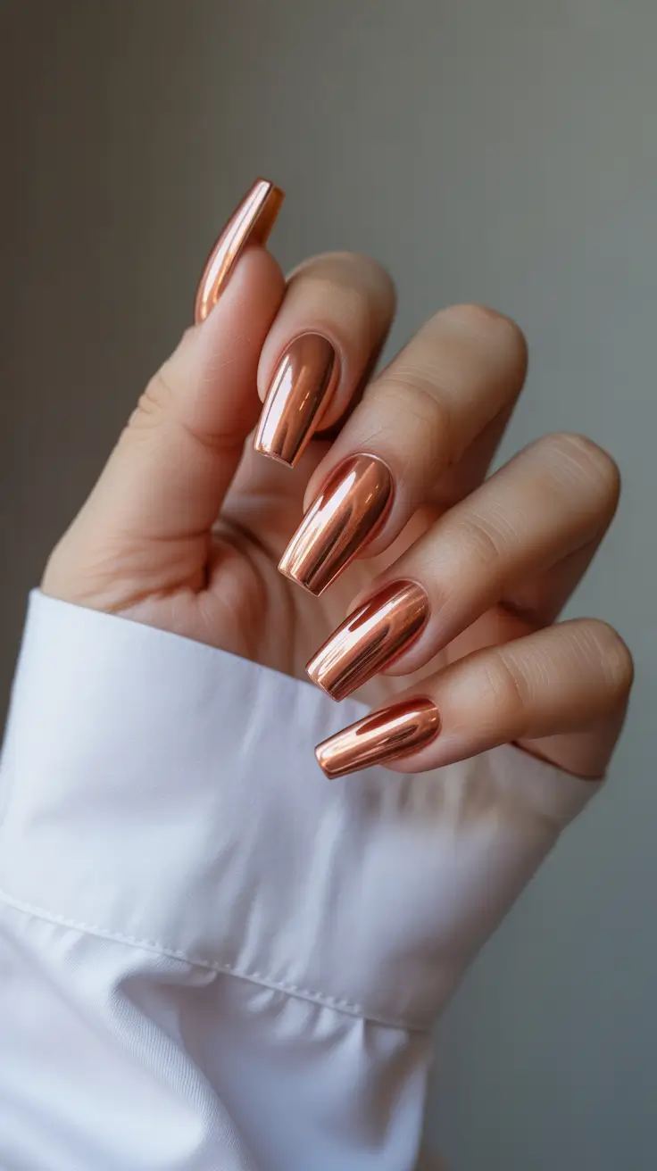 new coffin nails 2026 Rose-Gold Chrome Shine for Futuristic Summer Glow