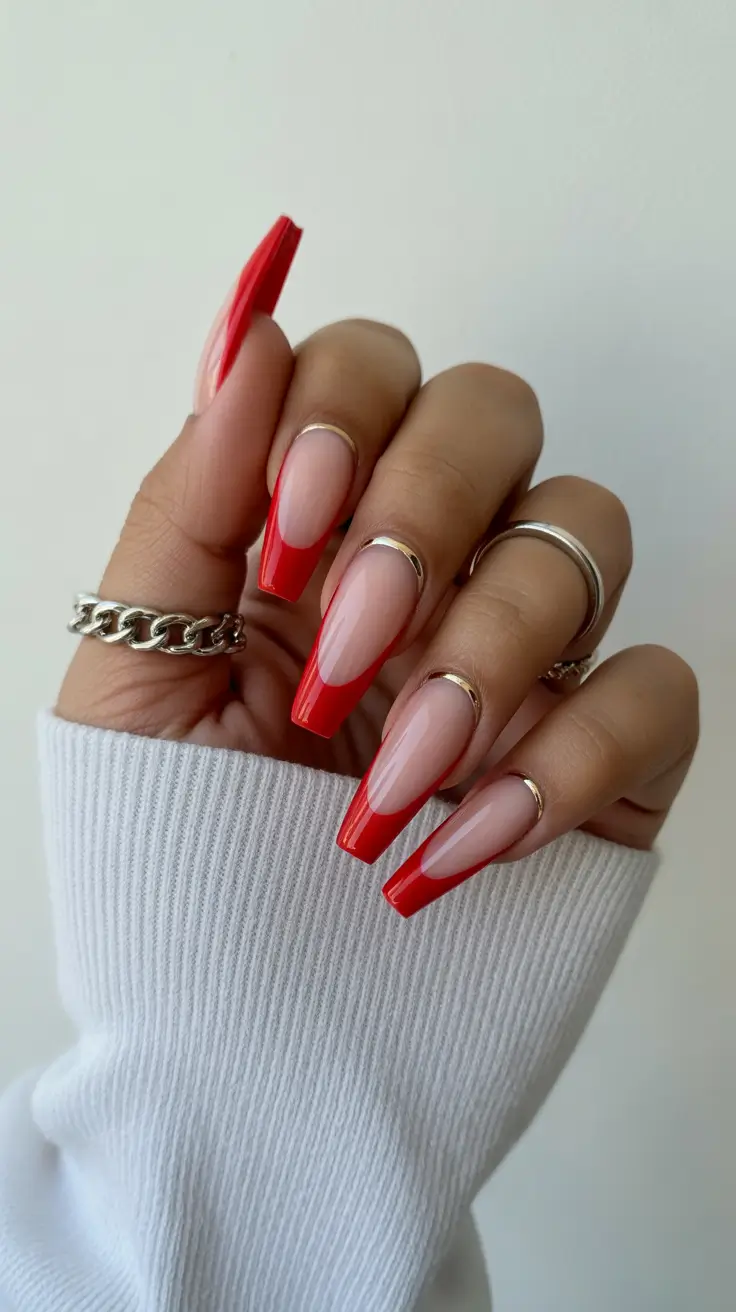 new coffin nails 2026 Scarlet Cut-Crease French With Golden Accents