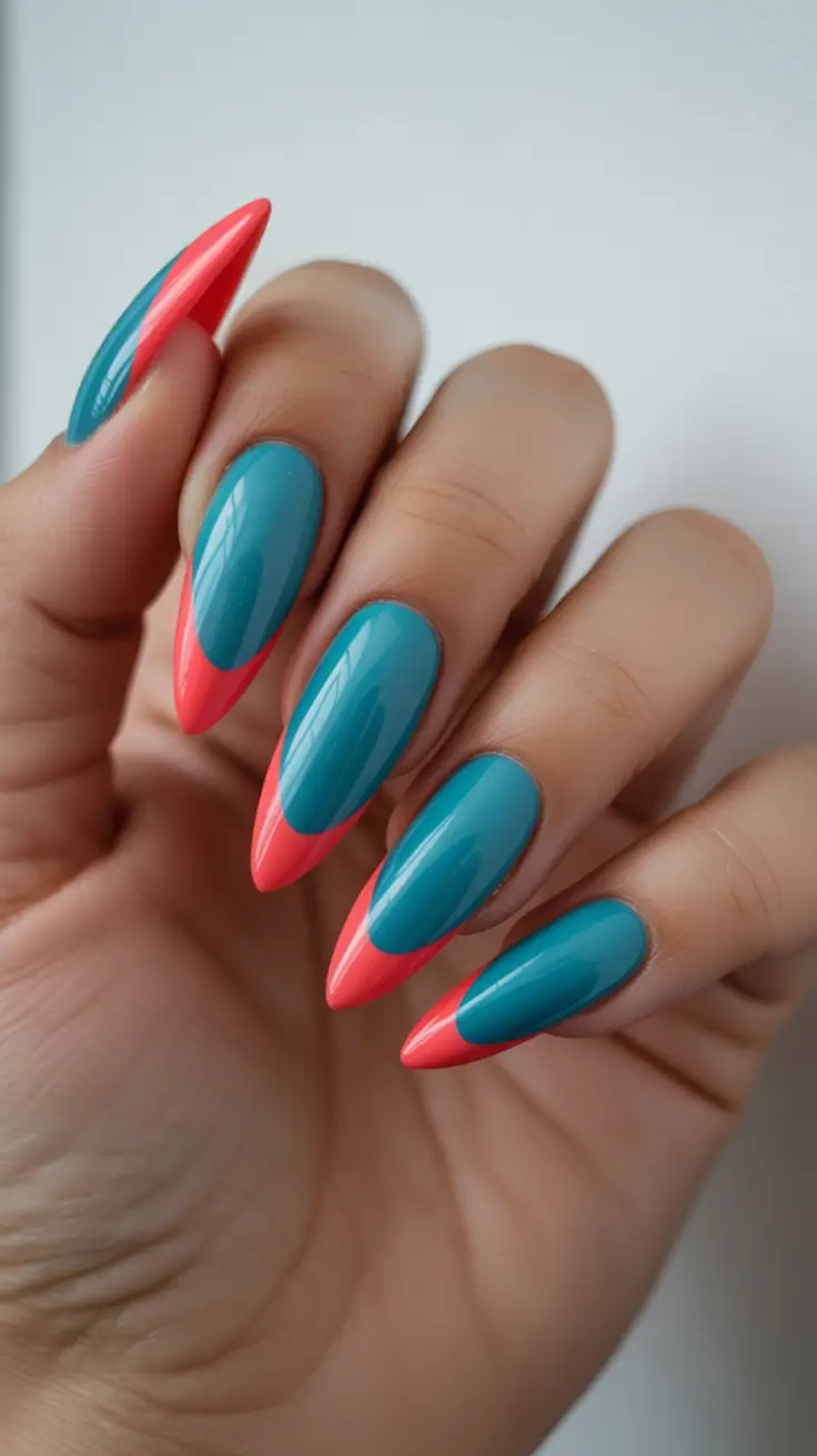 popular nail colors 2026 Vivid Coral Tips With Aquatic Depth