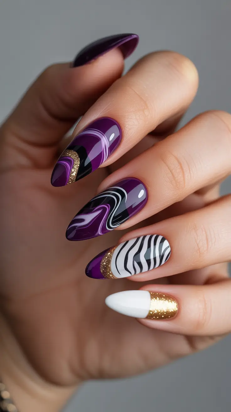 popular nail colors 2026 Royal Plum Drama With Mixed Accents