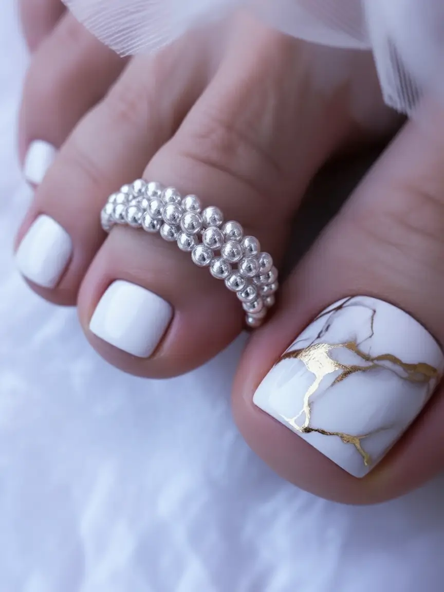 popular toe nail colors 2026 White Marble Elegance