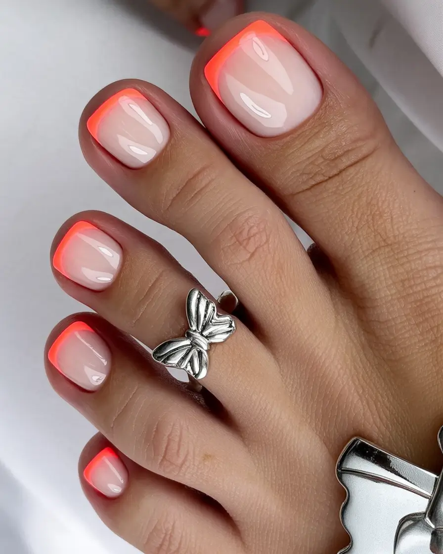 popular toe nail colors 2026 Soft Neon French Accent