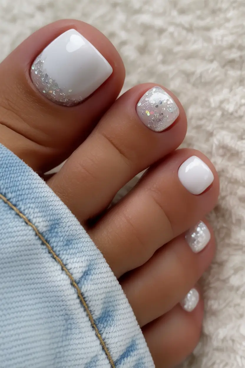 popular toe nail colors 2026 Frosted White Sparkle