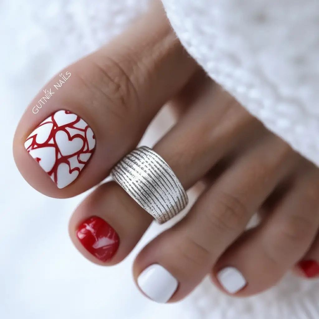 popular toe nail colors 2026 Red and White Heart Charm