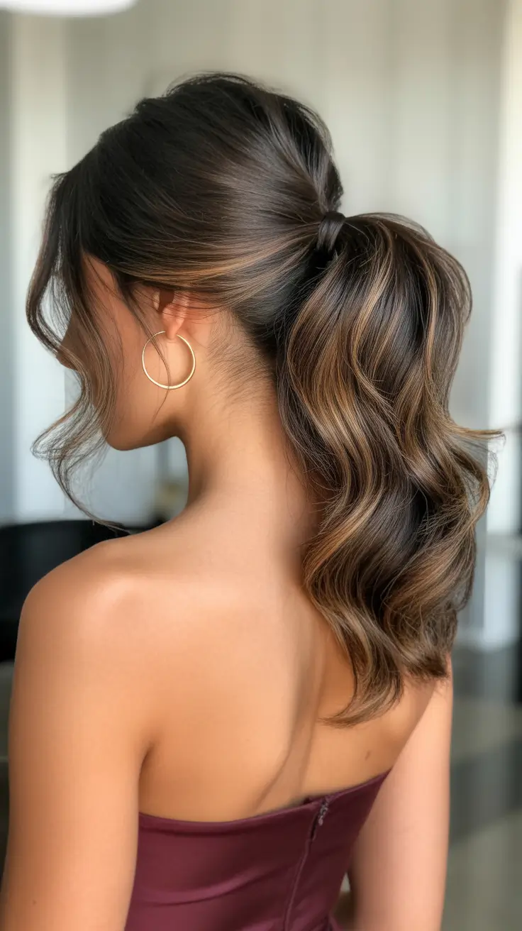 Quick hairstyle ideas 2026 Soft Ponytail Waves with Subtle Dimension