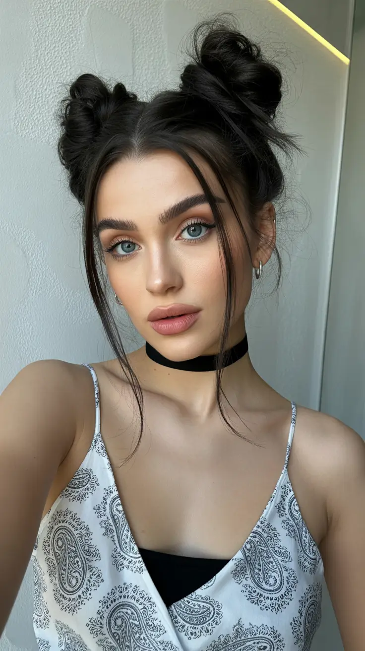 Quick hairstyle ideas 2026 Playful Double Buns with Soft Edge Pieces