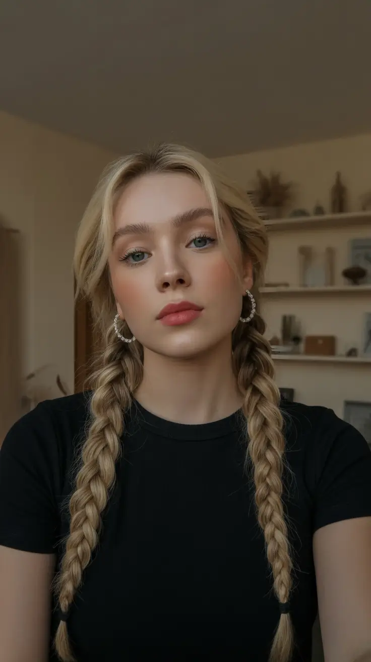 Quick hairstyle ideas 2026 Double Braids with Soft Curtain Layers