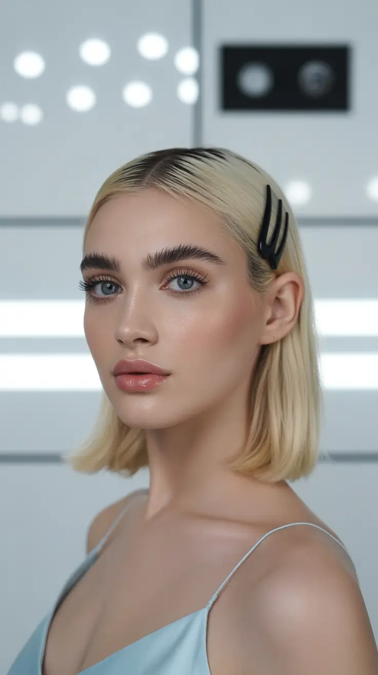 Quick hairstyle ideas 2026 Sleek Bob with Futuristic Clip Accent