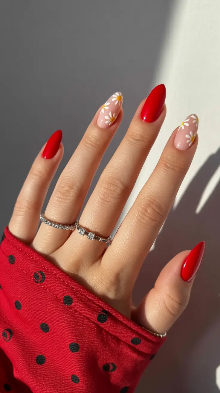 red nail designs 2026 Fresh Red With Soft Daisy Accents