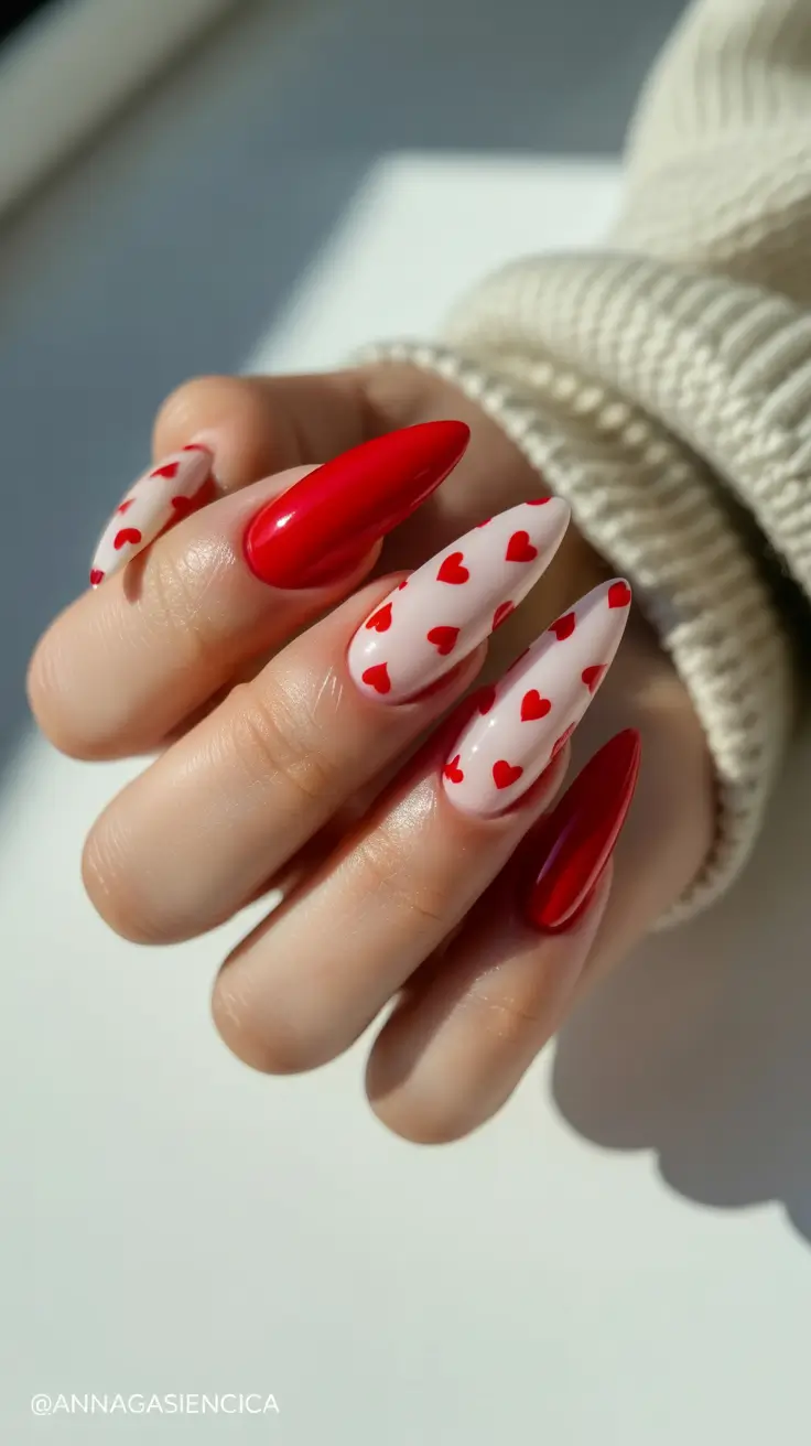 red nail designs 2026 Playful Red Hearts on Almond Nails