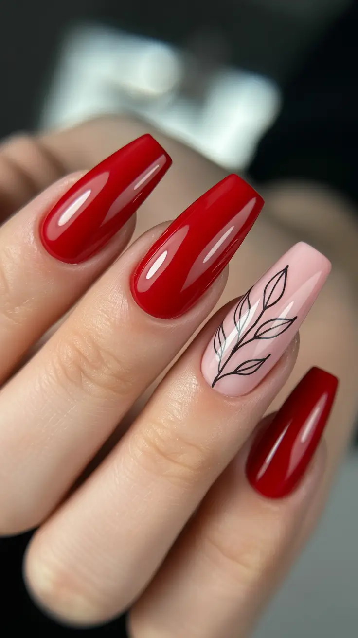 red nail designs 2026 Elegant Red With Minimal Leaf Linework