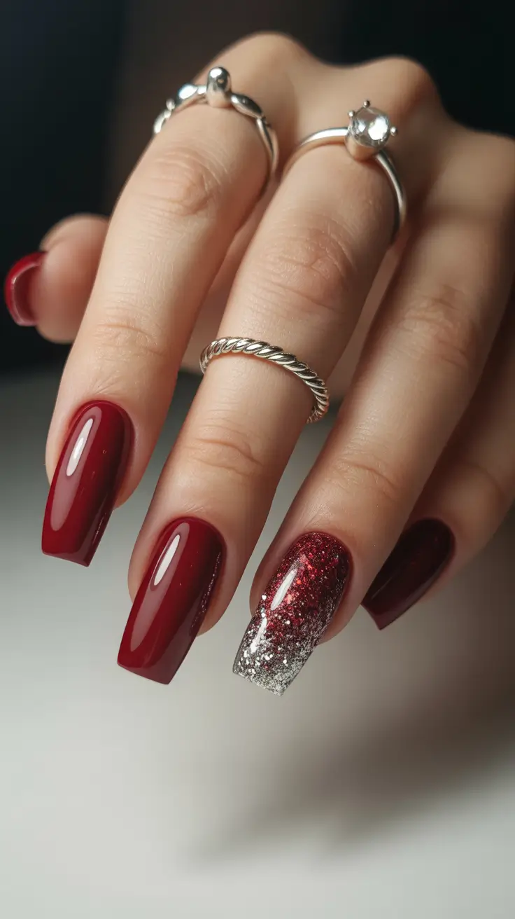 red nail designs 2026 Dark Red Ombre With Sparkling Silver Gradient