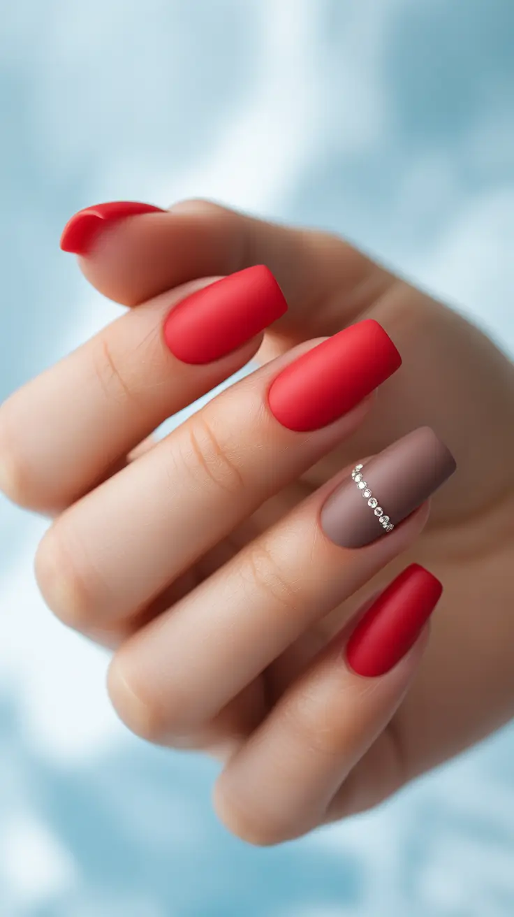 red nail designs 2026 Matte Red and Taupe With Crystal Band Accent
