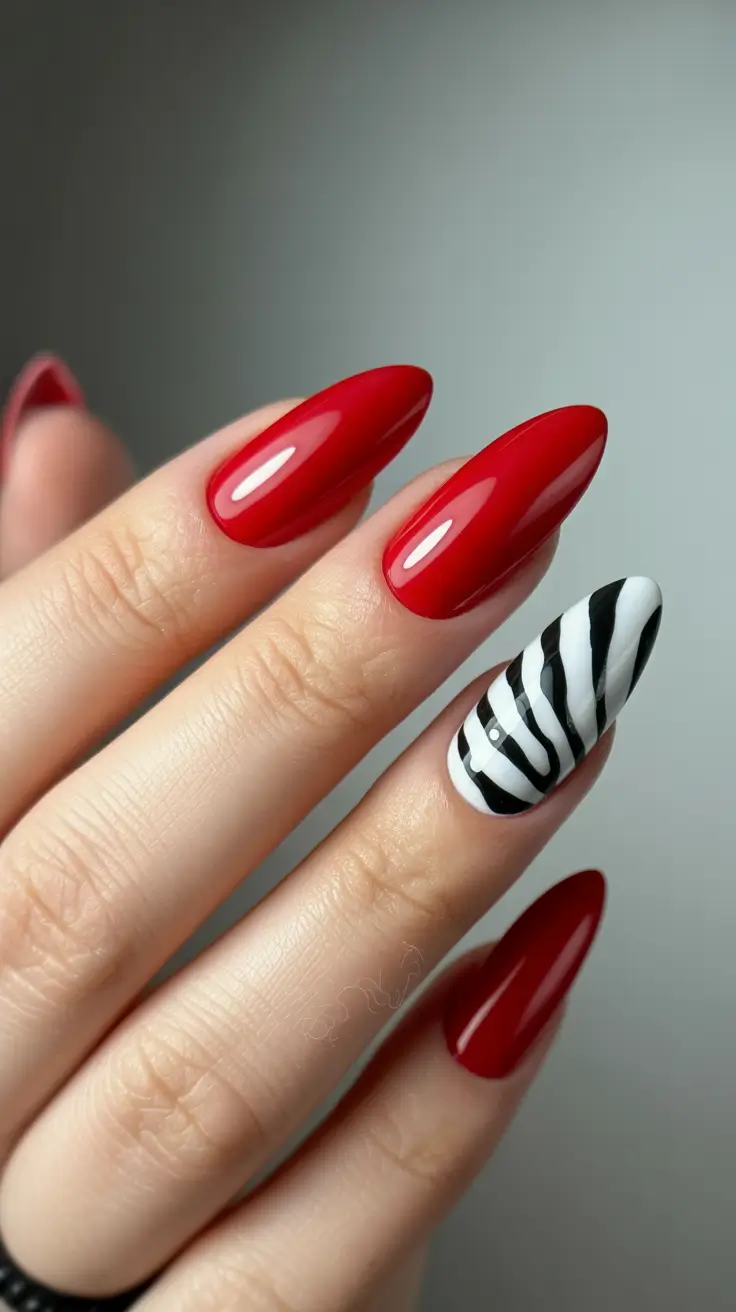 red nail designs 2026 Red Gloss With Zebra Accent for High-Contrast Drama