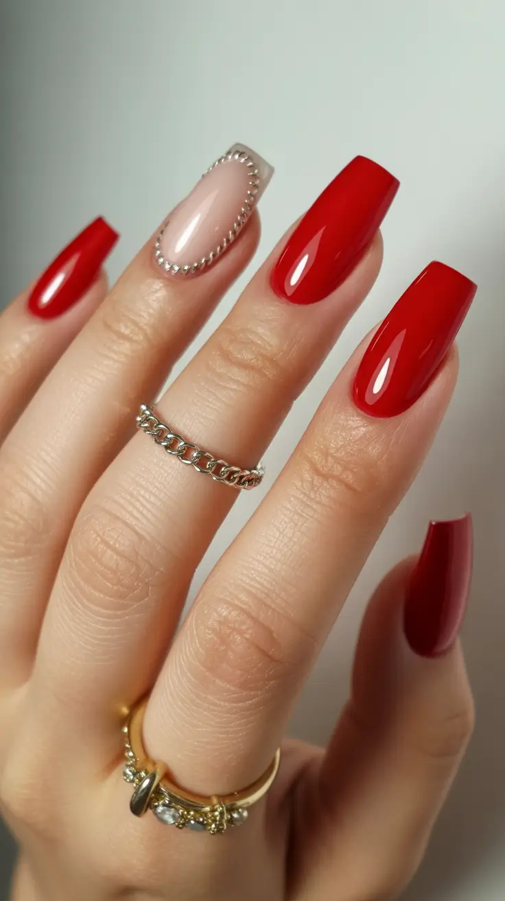 red nail designs 2026 Red Sculpted Nails With Framed Nude Accent