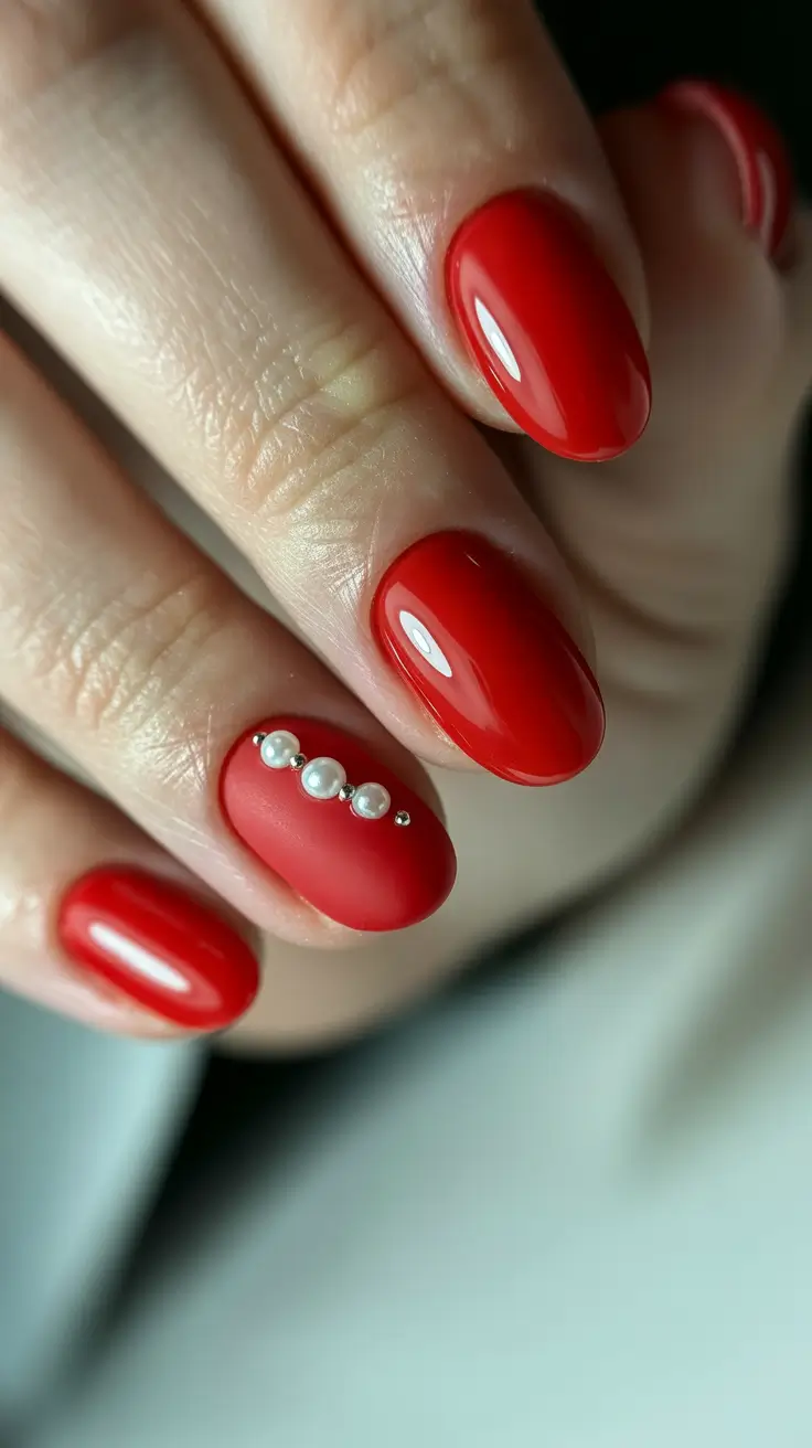 red nail designs 2026 Glossy and Matte Red With Pearl Row Accent