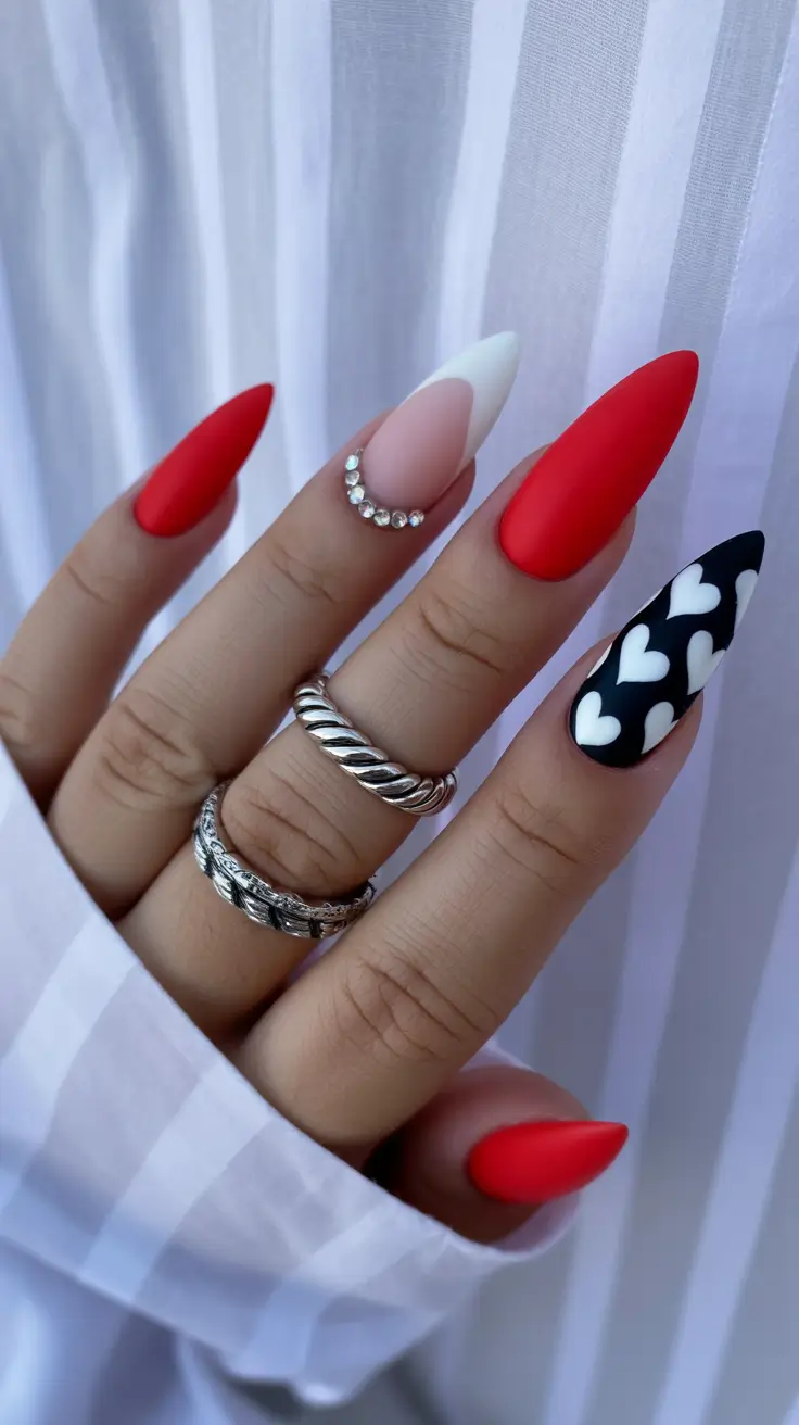 red nail designs 2026 Bold Red With Graphic Hearts and Crystal Accents