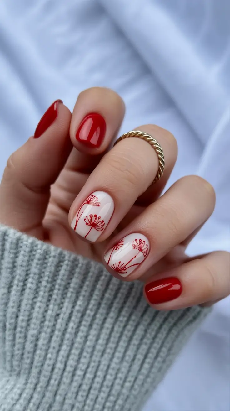 red nail designs 2026 Soft Botanical Red Accents on Short Nails