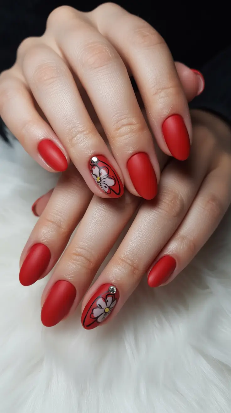 red nail designs 2026 Matte Red With Artistic Floral Accents