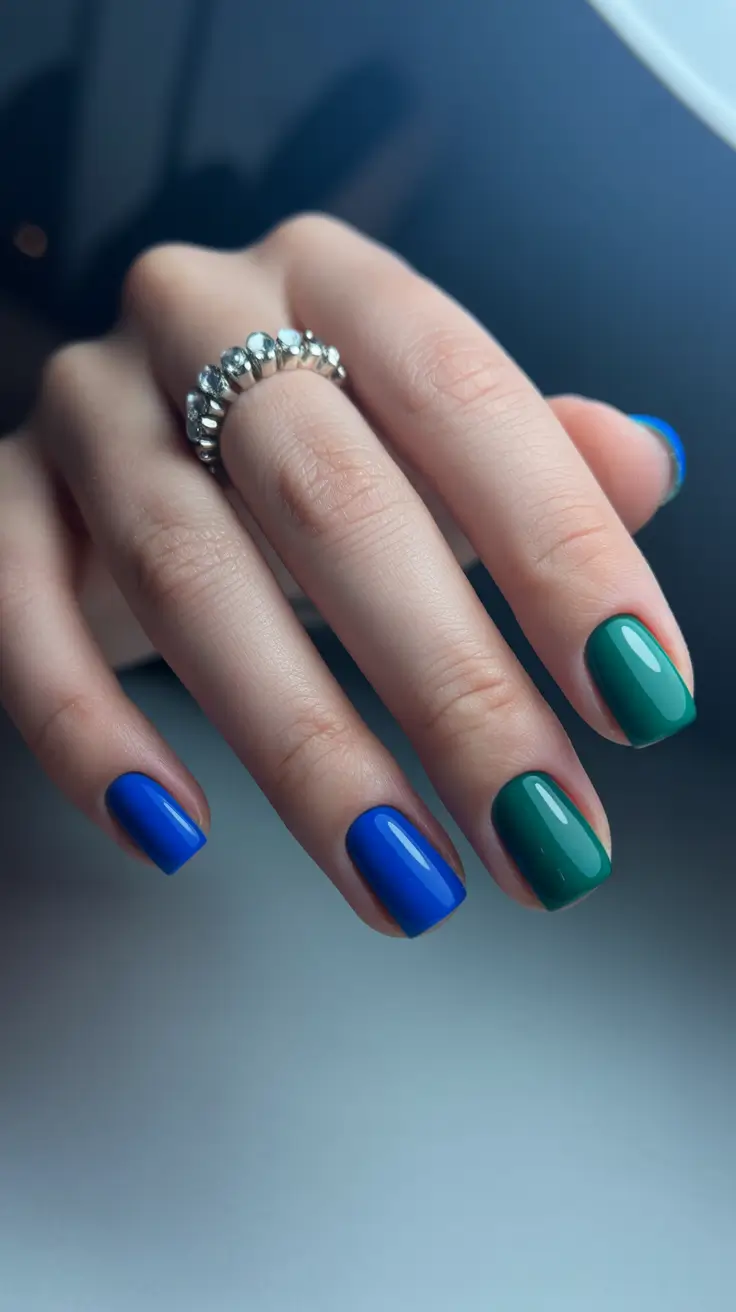simple short acrylic nails 2026 Blue and Green Colorblock Confidence
