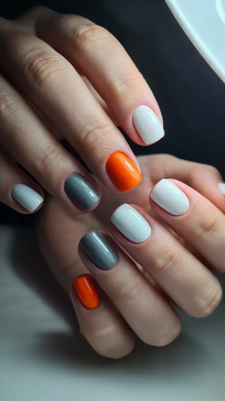 simple short acrylic nails 2026 Orange and Grey Colorblock Energy