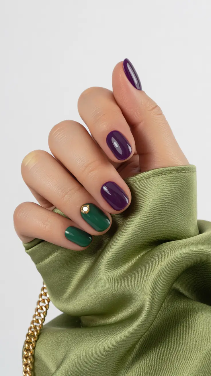 simple short acrylic nails 2026 Regal Purple and Emerald With a Touch of Gold