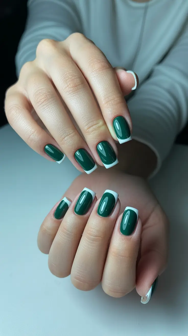 simple short acrylic nails 2026 Deep Green With Crisp White French Tips