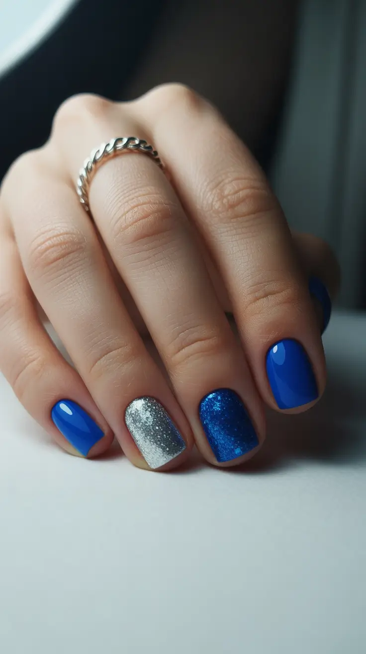 simple short acrylic nails 2026 Electric Blue With Silver and Sapphire Glitter